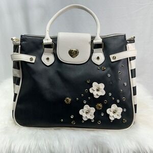 Betsey Johnson Black White Striped Floral Studded Satchel Handbag